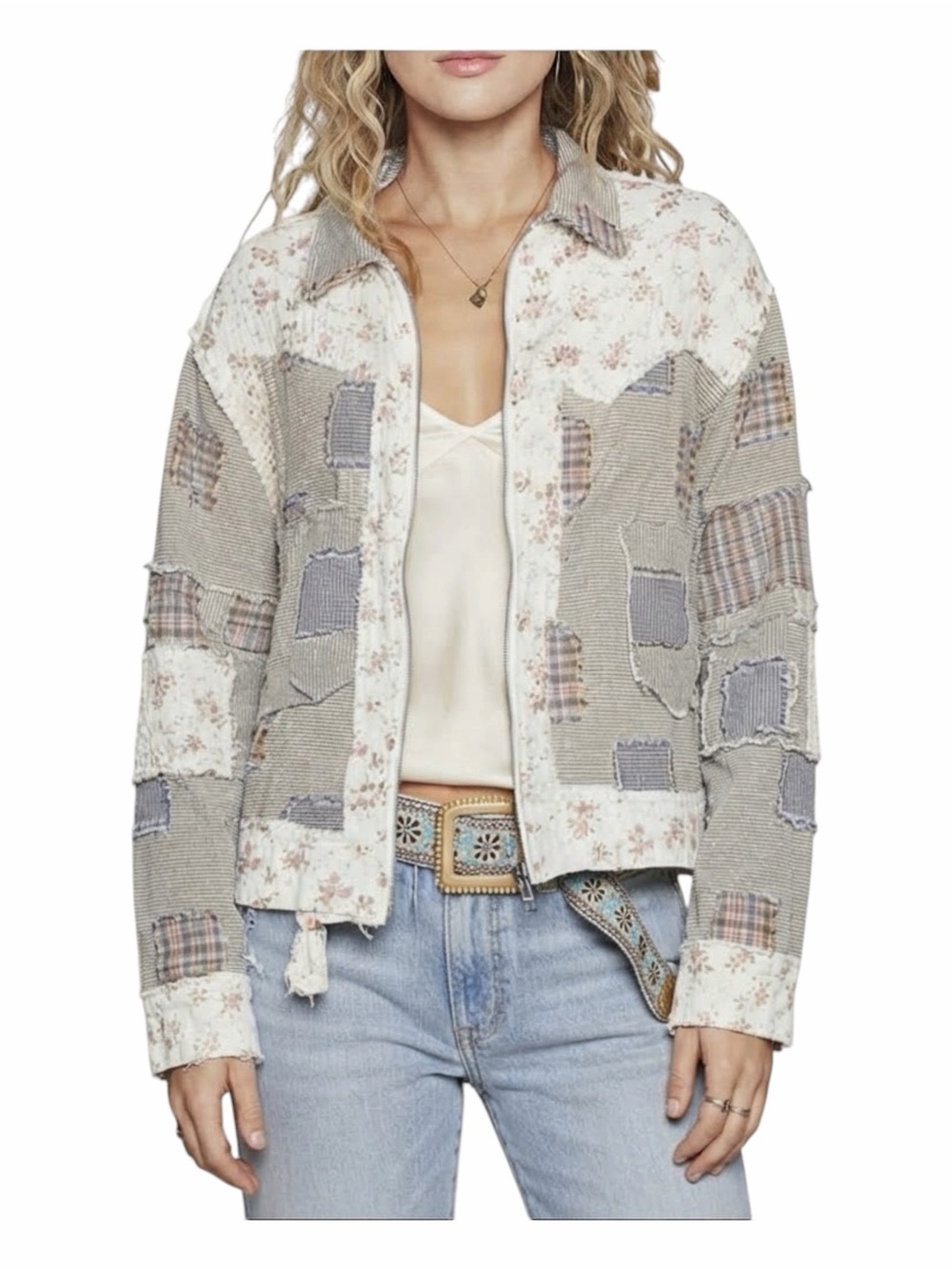 POL Mixed Print Patchwork Frayed Zip Up Jacket Boho Green Multi M L